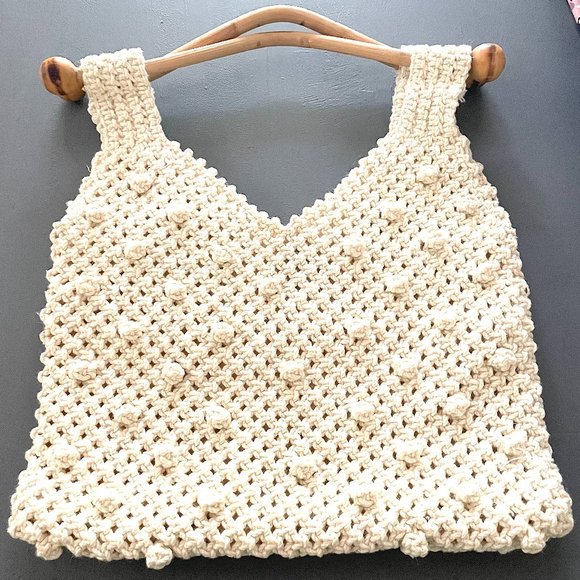 Vintage 1970s Crochet, Boucle Handbag with Wood Handles - Picture 1 of 5